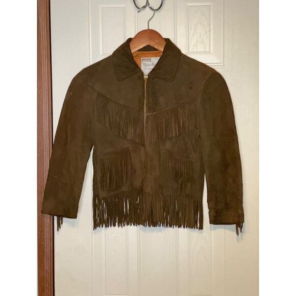 Vintage 1960’s Montgomery Ward Suede Fringe Girls Lined Leather Jacket Size12-14 - Picture 1 of 16